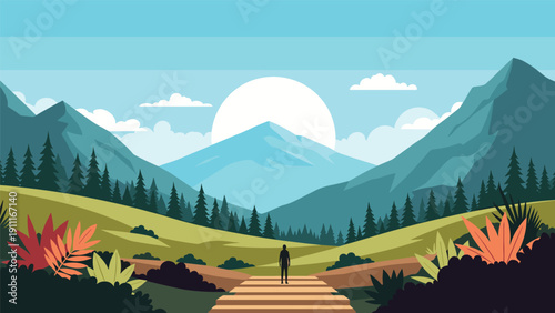 Lone silhouette standing on wooden steps looking out at a majestic mountain range under a giant bright sun in a serene valley landscape.
