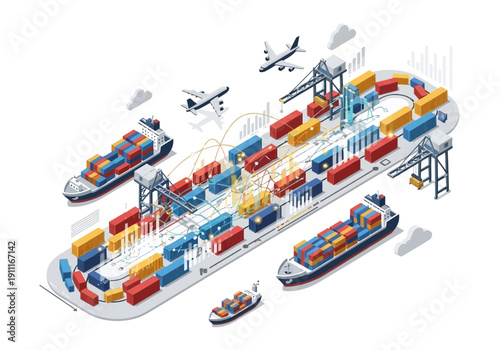Cargo ships and boats docked at a busy industrial seaport with cranes and airplanes overhead