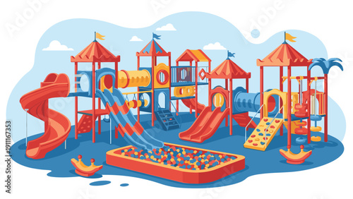 Large colorful outdoor playground structure for children featuring multiple slides, towers, tunnels, and a ball pit on a bright blue ground.