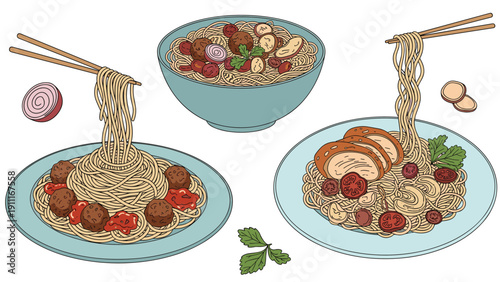 Various appetizing pasta dishes including spaghetti with meatballs, noodles with mushrooms, and pasta with sliced bread and cherry tomatoes.