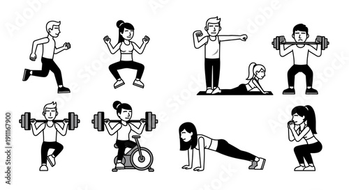 Diverse group of people engaging in various fitness and exercise activities.