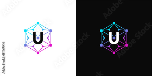 Abstract hexagon geometric letter U logo design with network connection dots