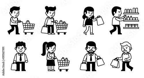 Set of eight black and white cartoon illustrations depicting people shopping in a store.