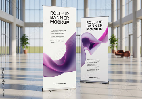 Roll-up banner mockup in business center