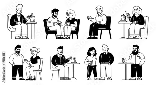 Collection of diverse people enjoying drinks and conversations in various social settings.