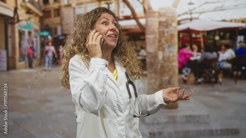Wallpaper Mural Woman doctor holds phone to ear with open mouth and gesturing hand on a busy street cafe, white coat and stethoscope visible; surprise. Torontodigital.ca