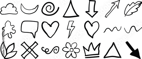 Collection of 20 hand drawn black and white symbols