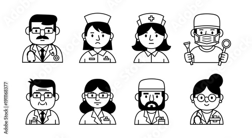 Collection of Diverse Medical Professionals in Simple Doodle Style.