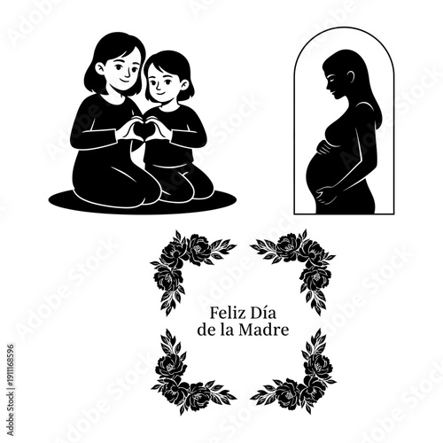 Dia de la Madre bundle with mother braiding hair, mom and son cooking, child giving card and mother lifting child at window