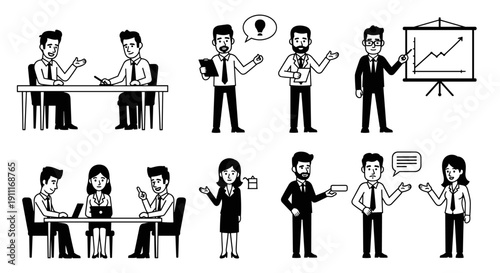 Set of hand drawn business people in various meeting and presentation scenarios.