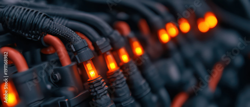 Glowing orange connectors with black cables in close up view of engine test bench, showing detailed mechanical and electrical components in minimal style