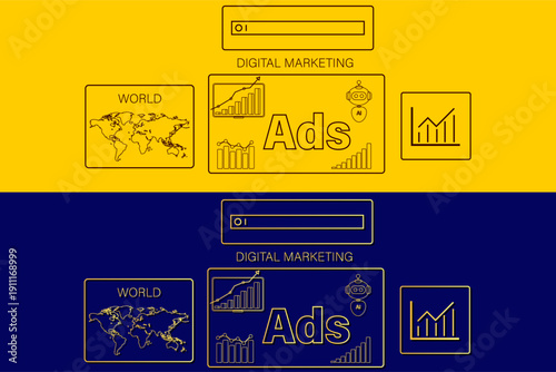 Artificial Intelligence Powered Digital Marketing Strategy with Data Driven Advertising Technology. Digital Marketing and AI Advertising Concept with Data Driven Ads and Analytics Dashboard