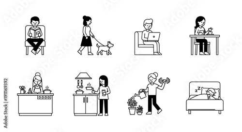 Collection of diverse daily life activities depicted in simple line art style.