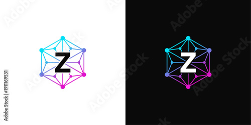 Modern Z letter logo design with abstract network connections in a futuristic hexagonal shape, symbolizing digital innovation and technological solutions for global communication