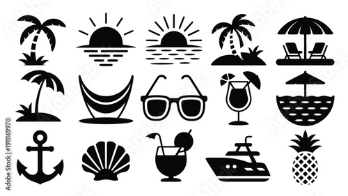Tropical vacation silhouette icon set palm trees sunglasses and drinks on white background for summer travel and relaxation concepts