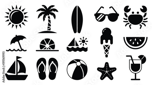 Collection of black summer beach icons including sun palm tree surfboard sunglasses crab umbrella sailboat flip flops and cocktail