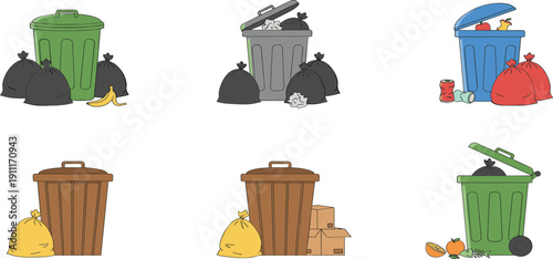Garbage and Recycling Bins with Trash Flat Vector Set Isolated on White Background
