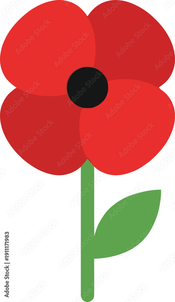 Αυτοκόλλητο A simple red poppy flower graphic symbol for remembrance day and anzac day, floral element with green stem and leaf, flat design for tributes and memorials, graphic resources