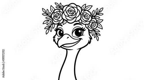 Whimsical ostrich face vector illustration, black and white cartoon line art, expressive eyes, floral crown of roses, smiling beak, playful animal artwork for coloring pages and children’s projects