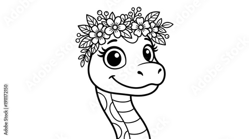 Whimsical snake face vector illustration, black and white cartoon line art, expressive eyes, floral crown, smiling mouth, playful reptile artwork for coloring pages and children’s creative projects