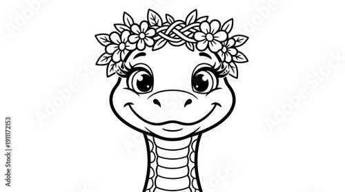 Whimsical snake face vector illustration, black and white cartoon line art, expressive eyes, floral crown, smiling mouth, playful reptile artwork for coloring pages and children’s creative projects