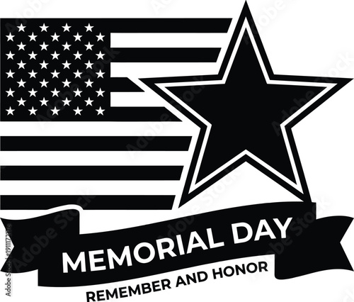 patriotic memorial day banner with american flag and star graphic element, national holiday remembrance symbol for honoring fallen soldiers, black and white emblem.