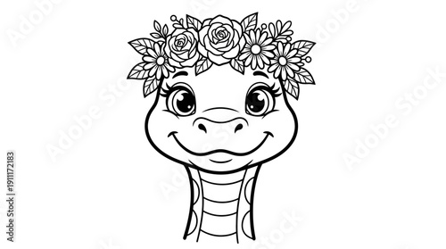 Whimsical snake face vector illustration, black and white cartoon line art, expressive eyes, floral crown, smiling mouth, playful reptile artwork for coloring pages and children’s creative projects