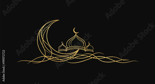 Gold line art mosque and crescent moon on black background elegant islamic banner for ramadan kareem celebration with luxury decorative ornaments
