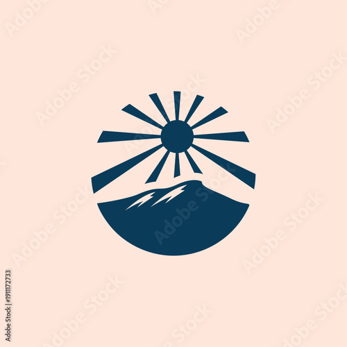 Minimalist vector illustration of a sunburst over serene mountain peaks, enclosed in a circular emblem, symbolizing dawn, nature's beauty, and outdoor adventure, ideal for various design projects