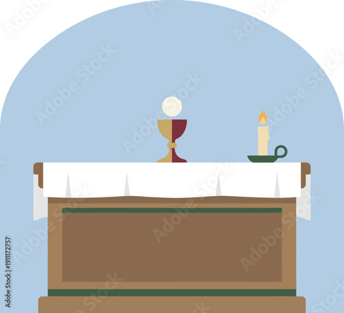 Wooden church altar table with white linen cloth, golden chalice holding holy Eucharist host, and a single lit candle during a sacred religious communion service worship ceremony in a chapel.