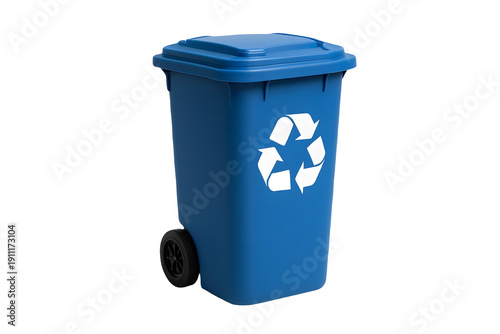 Blue recycling bin with universal symbol, representing sustainability, waste management, and eco-friendly living.