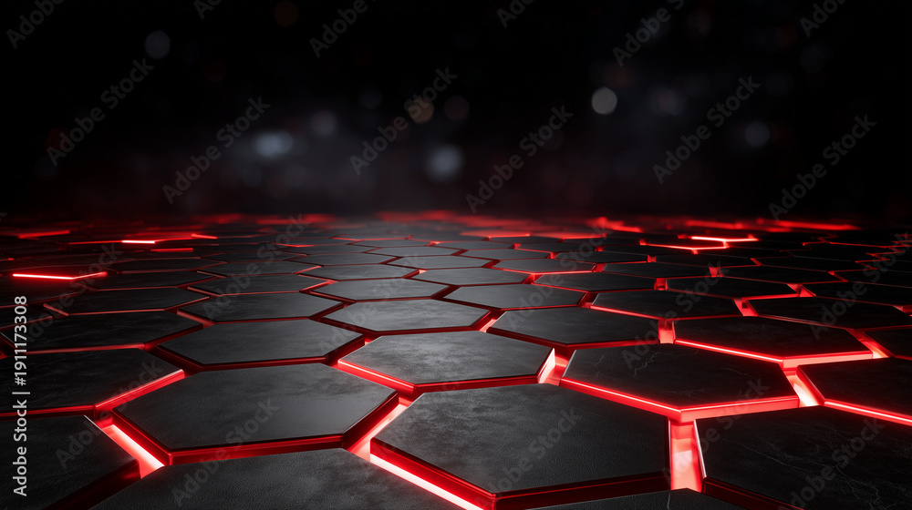 Obraz premium High-tech geometric design with layered black polygons accented by luminous red highlights, rugged steel mesh texture beneath with brushed metal reflections, dramatic side lighting