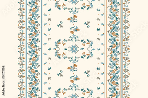 Ornamental Damask Border with Floral Arabesque. Oriental Ethnic Vector Pattern. Suitable for Silk Scarf, Pashmina or Carpet Runner. Hand drawing. 