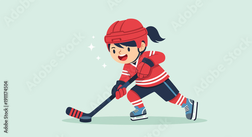 Cartoon Girl Playing Ice Hockey with Stick and Puck.