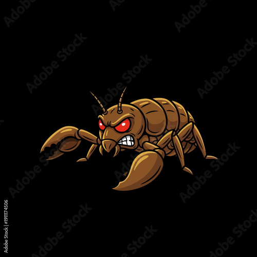 Angry Cartoon Lobster Creature with Red Eyes and Claws.