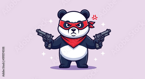 Angry Panda Superhero with Guns Cartoon Vector Icon Illustration.