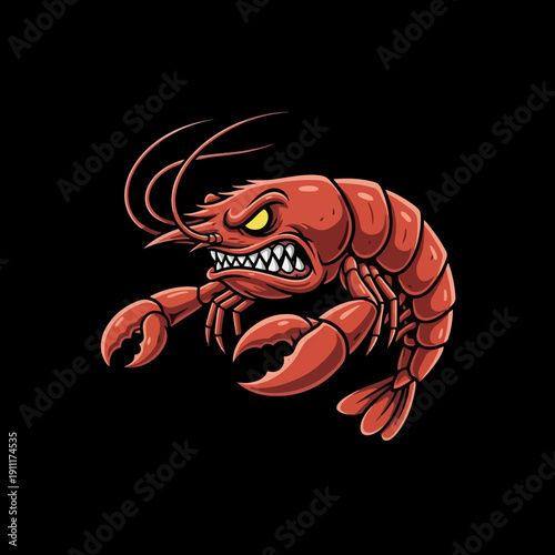 Angry Red Lobster Cartoon Character with Sharp Teeth and Yellow Eyes.