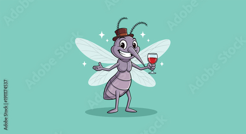 Charming Mosquito Character with Top Hat and Drink.