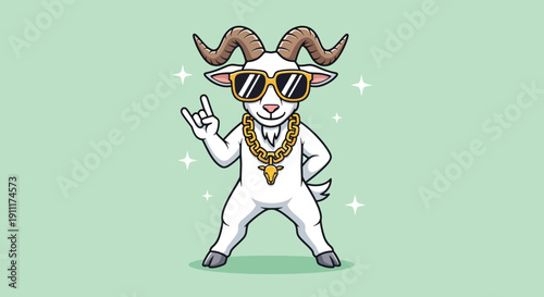 Cool goat wearing sunglasses and gold chain making rock gesture.