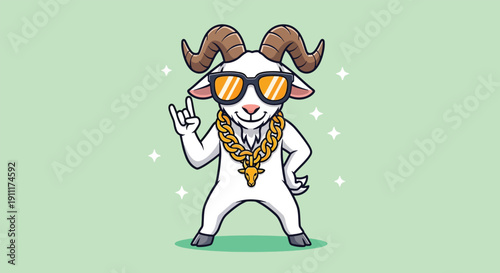 Cool Goat Wearing Sunglasses and Gold Chain Cartoon Illustration.