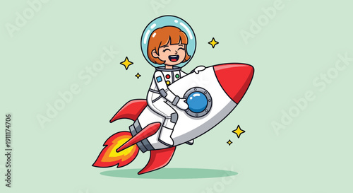 Cute Astronaut Girl Riding Rocket in Space Cartoon Vector Icon Illustration Science Technology Concept.