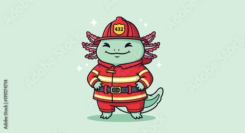 Cute Axolotl Firefighter Cartoon Character Vector Illustration.