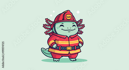 Cute Axolotl Firefighter Cartoon Character.