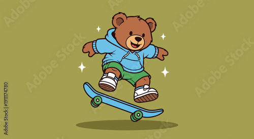 Cute Cartoon Bear Skater Jumping on Skateboard Illustration.