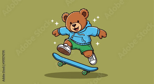 Cute Cartoon Bear Skateboarding with Hoodie and Shorts.