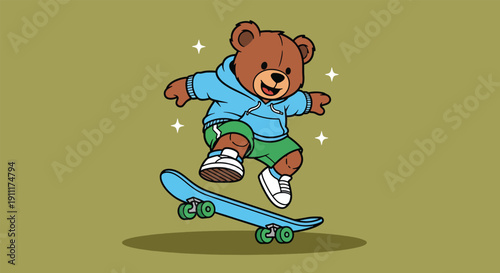 Cute Cartoon Bear Skater Jumping on Skateboard.