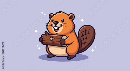 Cute Cartoon Beaver Holding Log Vector Illustration.