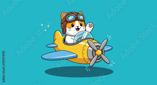 Cute Cat Pilot Flying Airplane Cartoon Illustration.