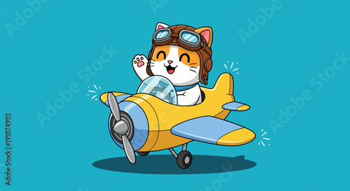 Cute Cat Pilot Flying Airplane Cartoon Vector.