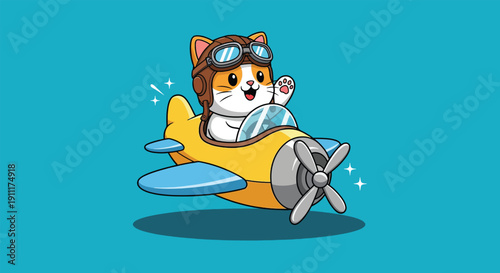 Cute Cat Pilot Flying Yellow Biplane Cartoon Illustration.